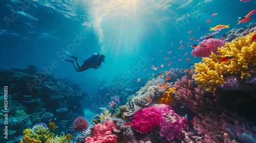 Wallpaper Mural A fearless diver exploring a vibrant coral reef, swimming alongside schools of tropical fish and marveling at the kaleidoscope of color beneath the waves. Torontodigital.ca