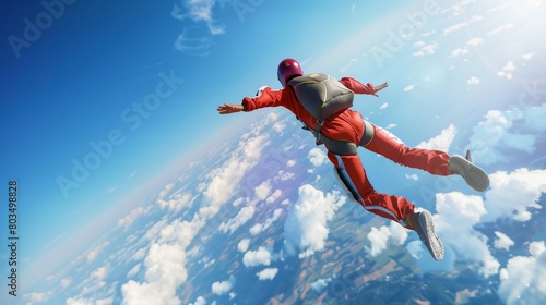 A fearless skydiver hurtling through the air, adrenaline pumping as they freefall towards the earth below with nothing but blue skies and clouds for company.