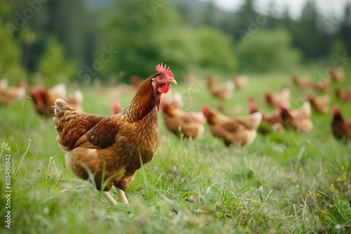 A single, confident hen standing tall amidst a bustling meadow with numerous hens in the background