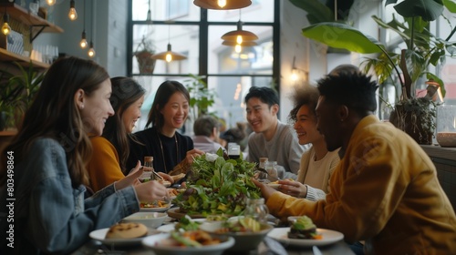 A group of coworkers enjoying a team lunch at a trendy cafe, with plates of avocado toast and artisanal salads.