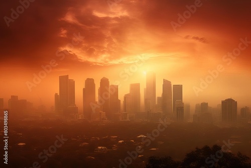 A city skyline is shown with a bright orange sun in the background