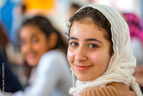 Pretty middle eastern college student smiling to the camera. Beautiful female middle eastern college student learning in the classroom, with copy space.