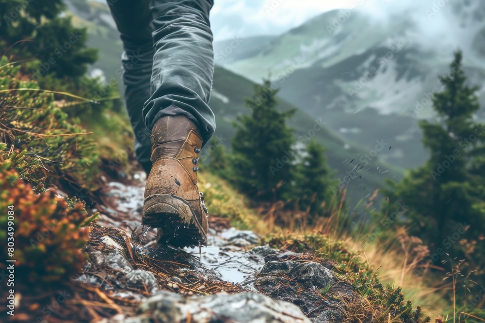 An adventurous hiker's boots step firmly on a muddy path with the majestic foggy mountains rising in the background, suggesting exploration An adventurous hiker's boots step firmly on a muddy path with the majestic foggy mountains rising in the background, suggesting exploration