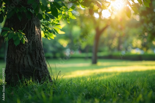 Warm sunlight streams through vibrant green leaves attached to a large tree's bark in a lush park