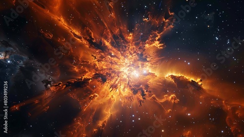 Captivating image of a supernova with intense orange and red flames against the dark backdrop of space, symbolizing the chaotic creation within the universe