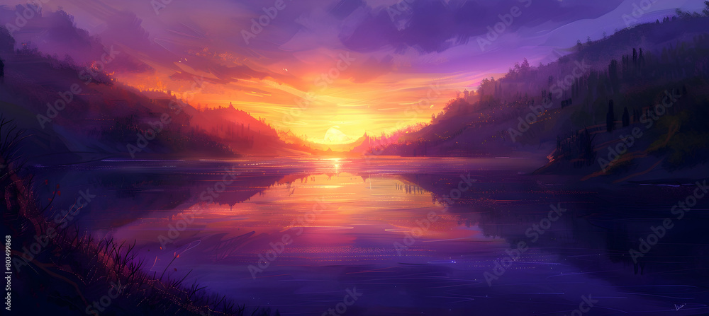 A serene twilight setting over a secluded valley, showcasing the deep oranges and purples of the sky reflected in a tranquil lake A serene twilight setting over a secluded valley, showcasing the deep oranges and purples of the sky reflected in a tranquil lake
