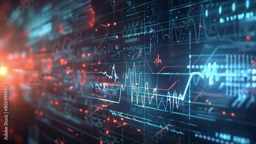 Computer screen displaying a vibrant blue and red pattern, medical data and heart rythm line photo