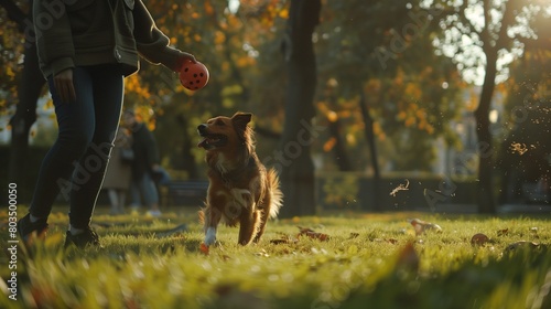A person playing fetch with a happy dog in a sprawling green park, both enjoying the game immensely. photo