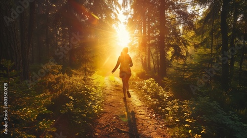 A person skipping along a winding forest path  a joyful expression on their face as sunlight filters through the trees.