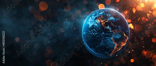 World globe with bokeh effect and dark background. View on planet earth from space.