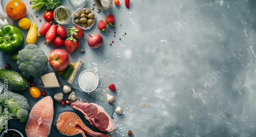 An array of fresh vegetables, fruits, meats, and spices neatly placed on a textured gray surface.