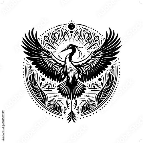 Heron bird silhouette in bohemian, boho, nature illustration © orion