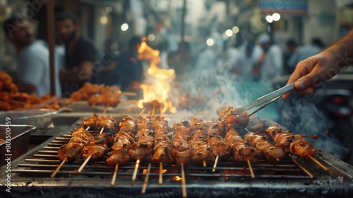 A street vendor grilling skewers of meat over an open flame, the aroma drawing in hungry passersby from blocks away. photo