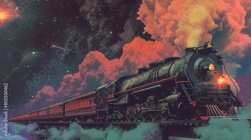 vintage steam train, smoke bellowing from the top, space background, simple risograph, joe webbvintage steam train, smoke bellowing from the top, space background, simple risograph, joe webb photo