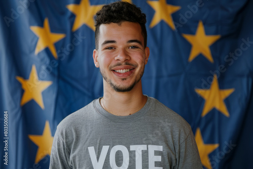young European election voter portrait in front of the European Union flag photo