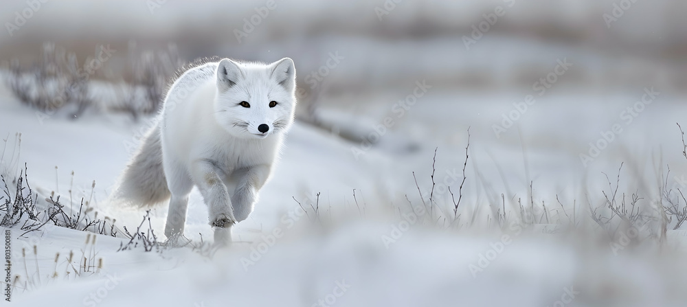 A solitary Arctic fox, camouflaged against the winter tundra landscape, captured in mid-stride as it hunts for prey A solitary Arctic fox, camouflaged against the winter tundra landscape, captured in mid-stride as it hunts for prey