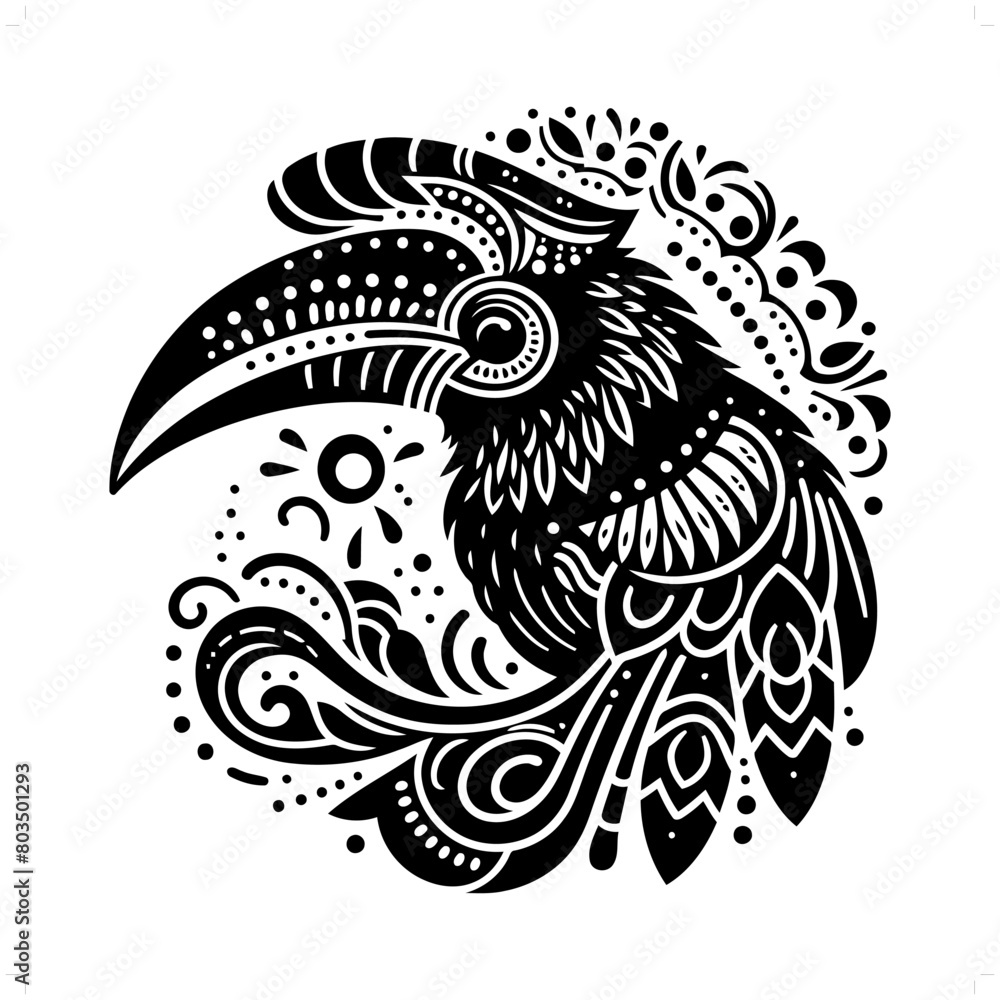 hornbill bird silhouette in bohemian, boho, nature illustration hornbill bird silhouette in bohemian, boho, nature illustration