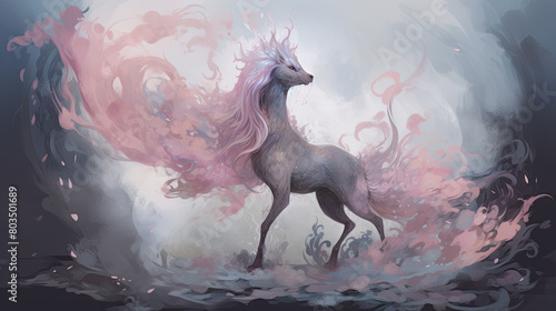A full body illustration of a mystical creature in the style of Contemporary illustration  background with a grey sky and pink shapes swirling around it  fauxfurcore  depicting the creature with iride