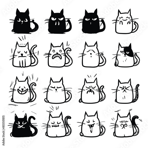 Collection of hand-drawn cats expressing various emotions in black and white. photo