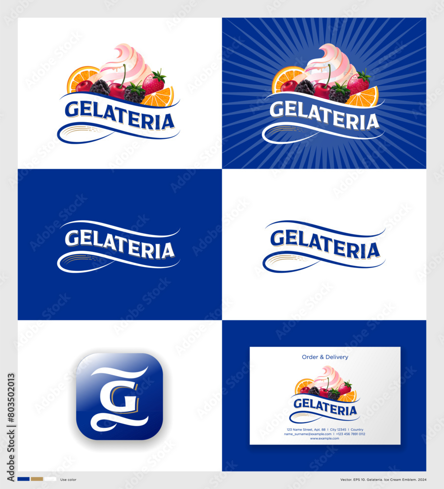 Gelateria logo. Italian Ice Cream. Lettering with syrup, berries and slices of fruit. Identity. Corporate style.