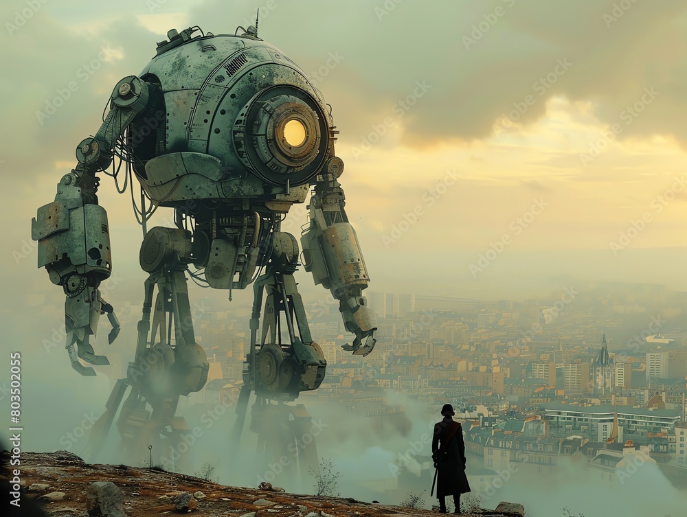 A steampunk robot stands on a hill overlooking a city A steampunk robot stands on a hill overlooking a city