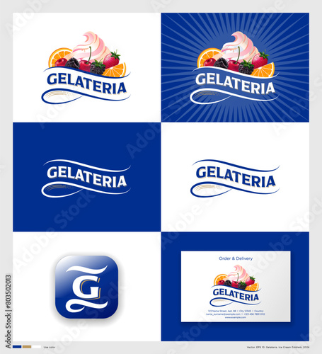 Gelateria logo. Italian Ice Cream. Lettering with syrup, berries and slices of fruit. Identity. Corporate style.