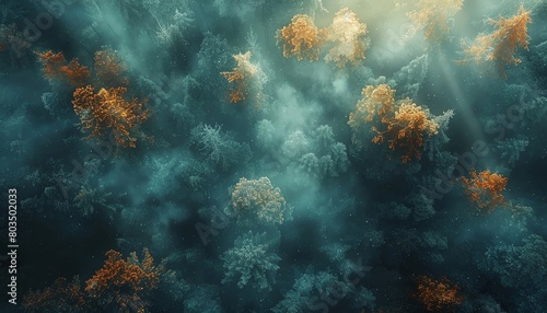 Illustrate a dreamlike forest scene with a surreal touch  portraying a tilted aerial view  blending natures beauty with heliotype techniques