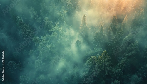 Illustrate a dreamlike forest scene with a surreal touch, portraying a tilted aerial view, blending natures beauty with heliotype techniques