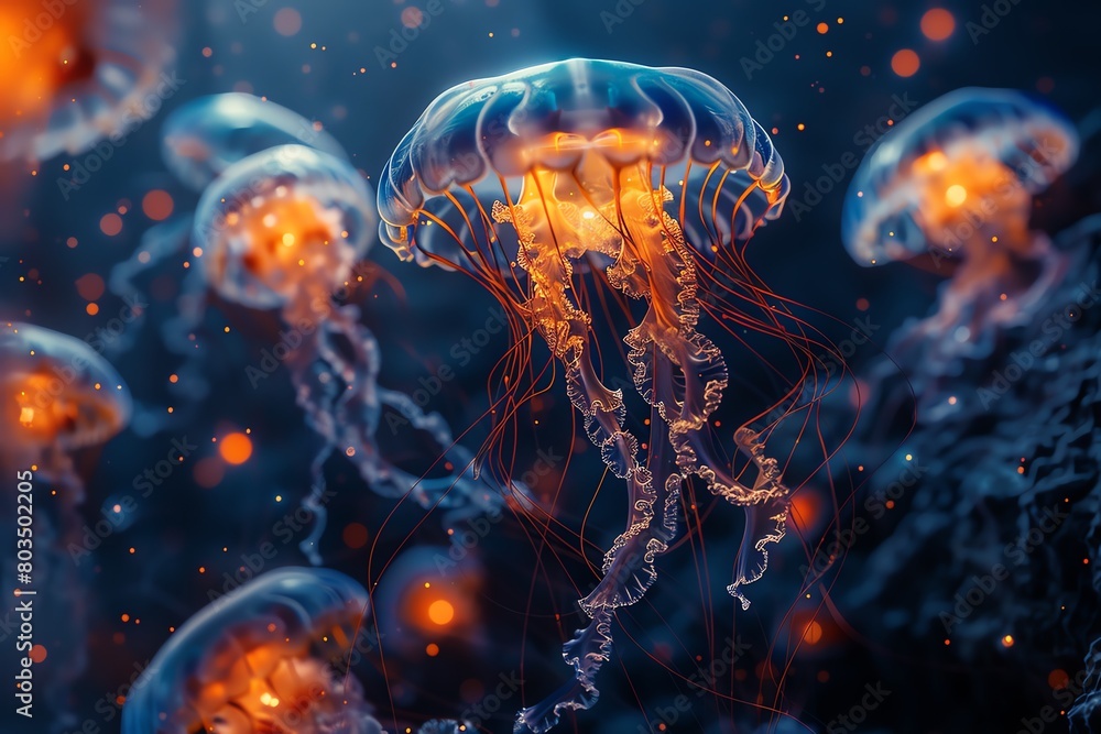 A glowing jellyfish swims through the dark ocean A glowing jellyfish swims through the dark ocean