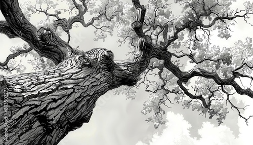 Illustrate a panoramic view of a weathered Oak tree using intricate pen and ink techniques Focus on the texture of the bark and the play of light and shadow to create a captivating and detailed artwor photo