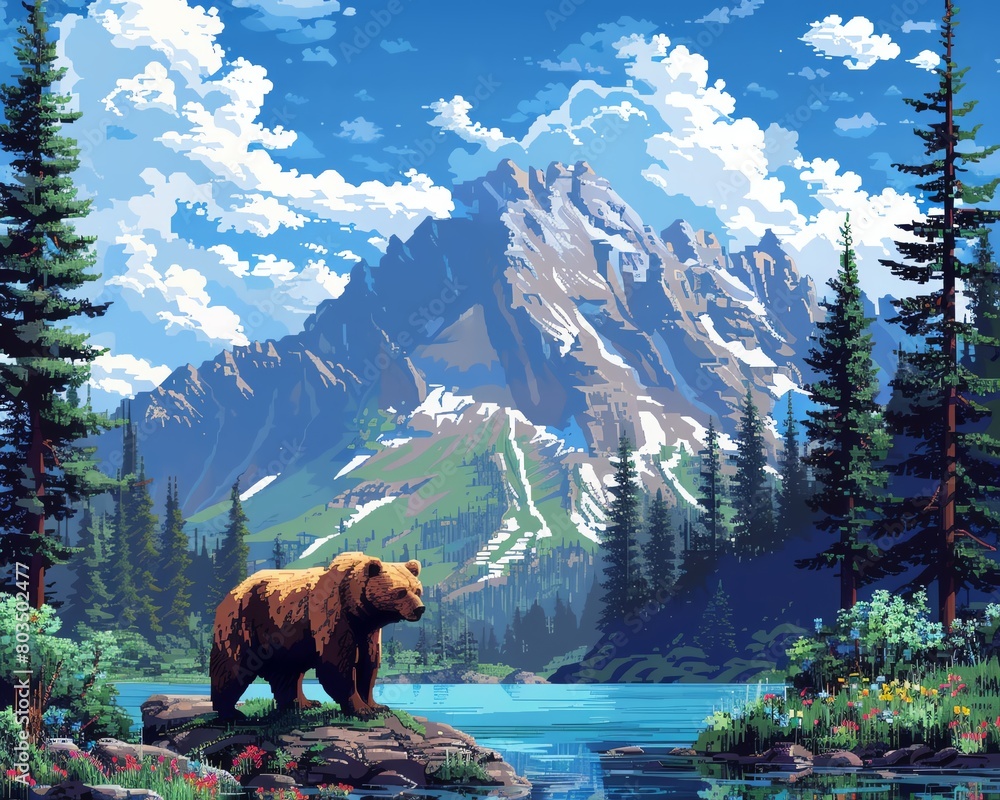 Illustrate a pixel art rendition of a bear in a panoramic landscape