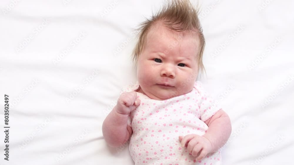 4K video of Cute Caucasian newborn baby girl making funny face expressions. 5 week old baby girl on a white background 4K video of Cute Caucasian newborn baby girl making funny face expressions. 5 week old baby girl on a white background