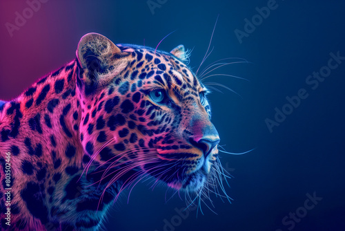 Template of a fierce leopard under colorful pink and blue neon light background  with copy space  studio shot.
