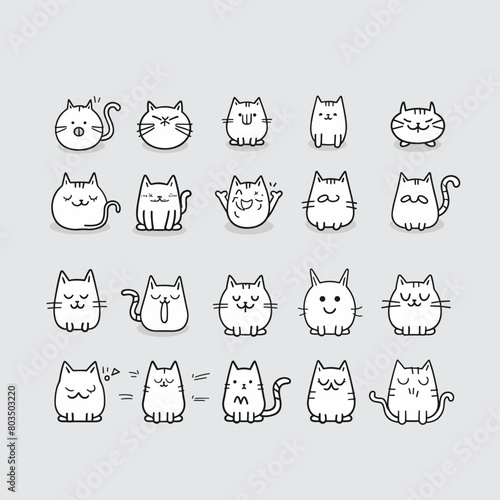 Cute hand-drawn doodles of various cats in different poses on a grey background.