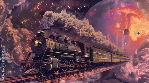 vintage steam train, smoke bellowing from the top, space background, simple risograph, joe webb photo