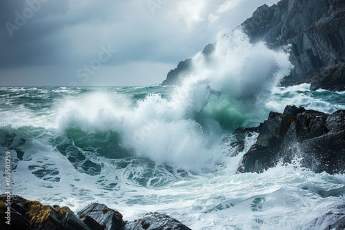 Turbulent waves crashing against a rocky shoreline amidst a storm.