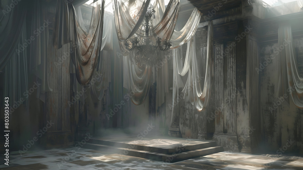 Abandoned 3D Scene with Candlestick and Hanging Fabrics Abandoned 3D Scene with Candlestick and Hanging Fabrics