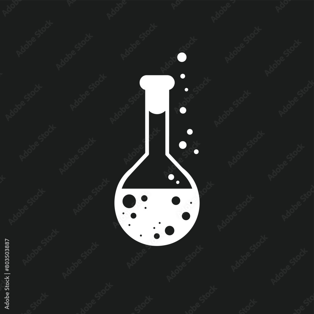 White laboratory flask with bubbles on a black background. White laboratory flask with bubbles on a black background.