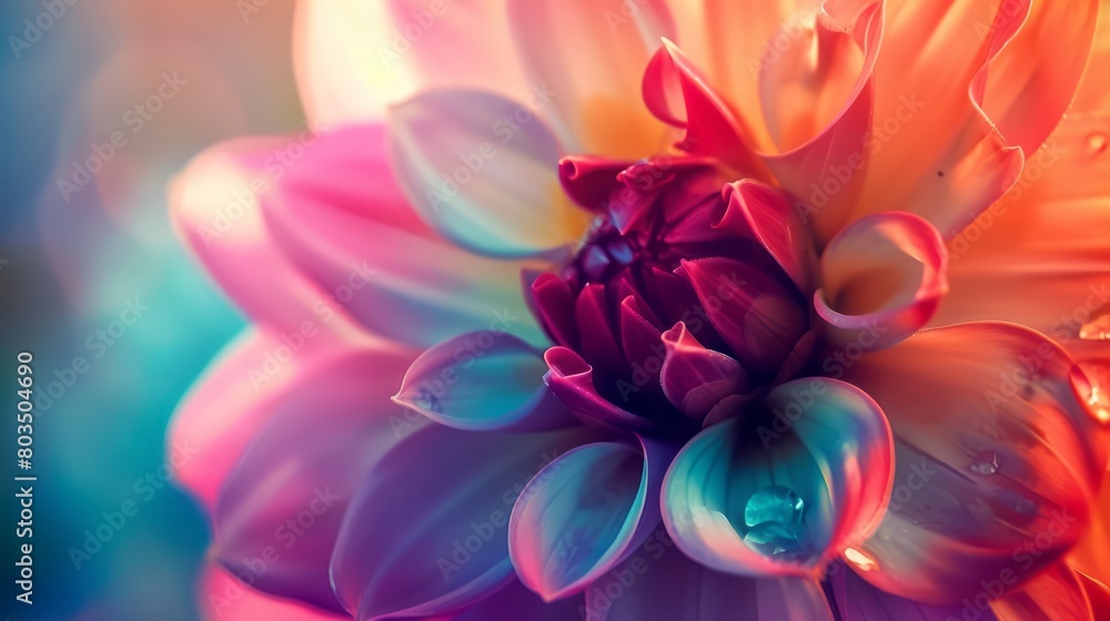 Close up of a colorful magical dahlia, modern spring summer wallpaper; selective focus Close up of a colorful magical dahlia, modern spring summer wallpaper; selective focus