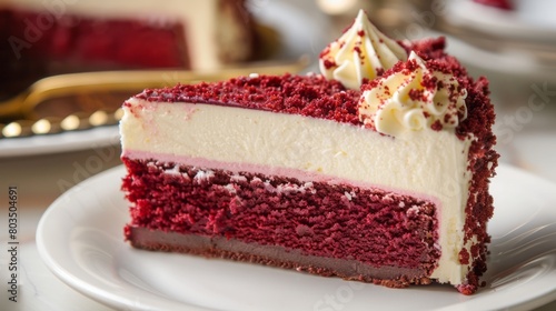close up of a slice red velvet cheese cake moist with topping.