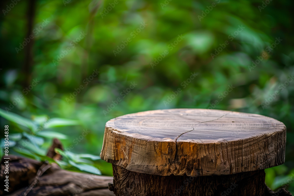 Wooden desk or stump in green forest background,For product display.