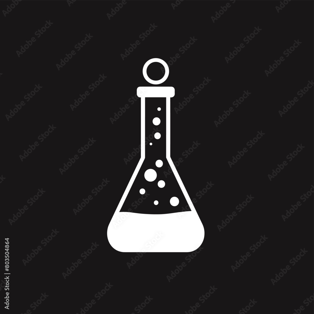 White chemical flask with bubbles on a black background. White chemical flask with bubbles on a black background.