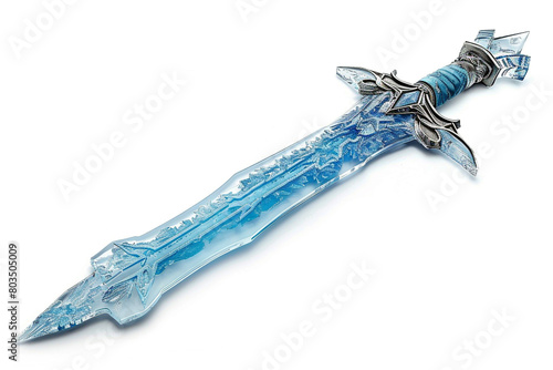 Enchanted ice-themed battle dagger with a blade resembling a frozen icicle, adorned with frost patterns, and a hilt shaped like a snowflake isolated on solid white background. photo