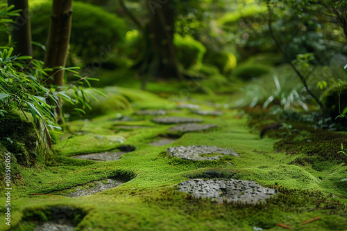 Two pairs of footprints on a moss-covered stone path, winding through a peaceful garden.