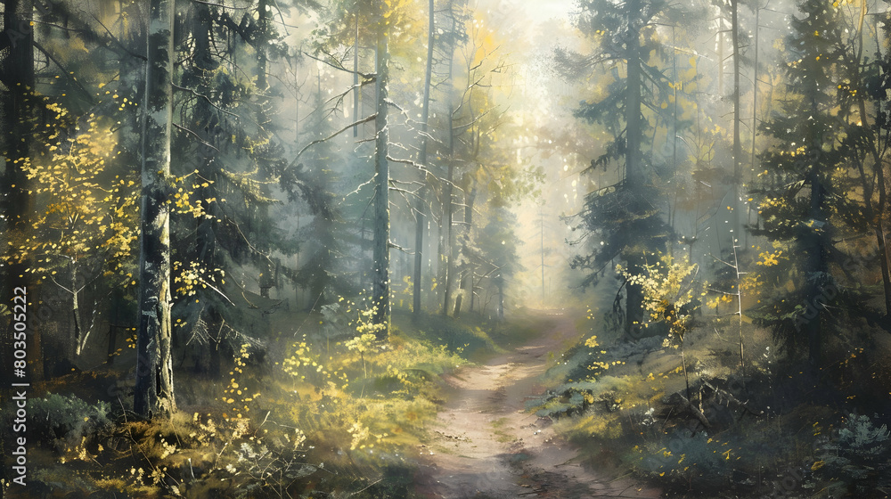 A trail through the taiga in early fall, with soft sunlight filtering through the dense canopy of spruce and pine trees A trail through the taiga in early fall, with soft sunlight filtering through the dense canopy of spruce and pine trees