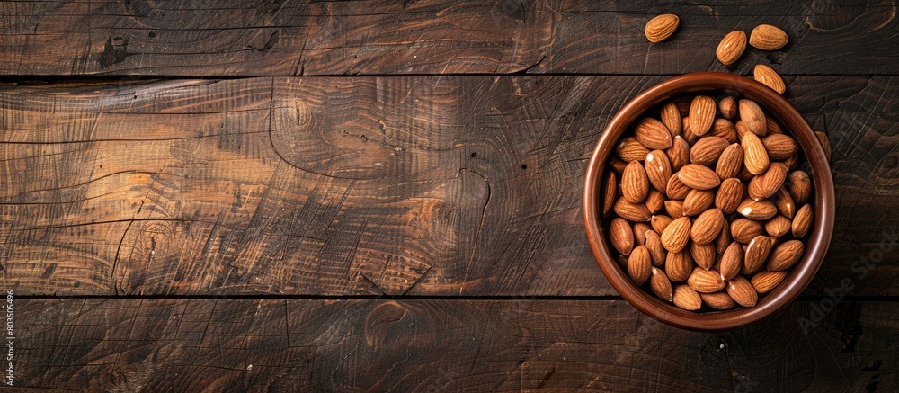 Almonds are placed in a brown bowl on a textured wooden surface seen from above, with empty space available on the left side. Almonds are placed in a brown bowl on a textured wooden surface seen from above, with empty space available on the left side.
