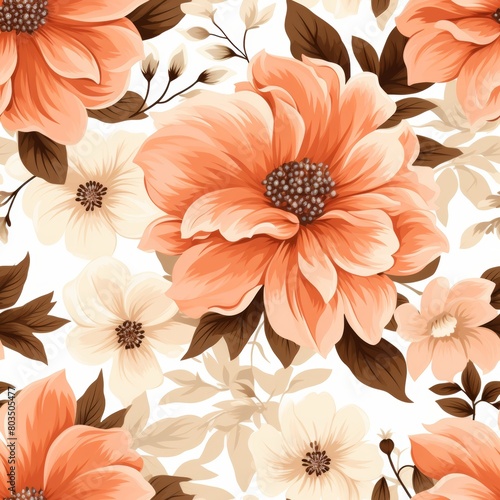 Floral seamless pattern with big orange, white flowers and green leaves on white background. Vector illustration for fabric, wallpaper, scrapbooking, wrapping paper, and other design projects. photo