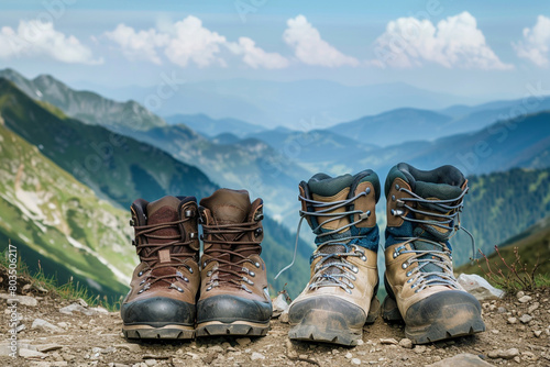 Two pairs of hiking boots resting side by side on a scenic mountain trail.
