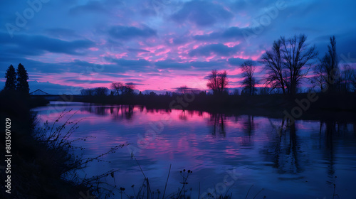 A twilight scene where the river reflects the pink and blue hues of the sky, with silhouettes of trees on the banks