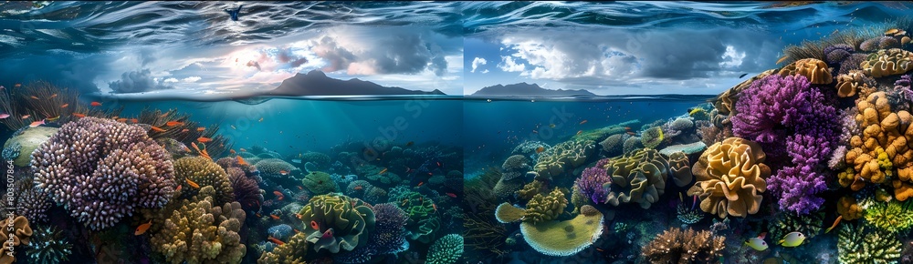 A vibrant coral reef at the edge of an atoll, teeming with sea life and visible water clarity, captured using underwater photography techniques A vibrant coral reef at the edge of an atoll, teeming with sea life and visible water clarity, captured using underwater photography techniques